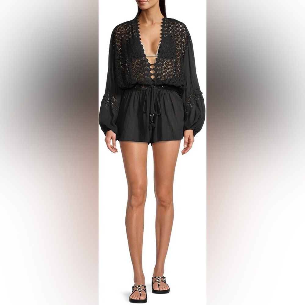 NWOT Ramy Brook Hilary Ballon-Sleeve Embroidered Romper in Black size S - Picture 4 of 11